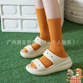cross女厚底拖鞋  夏季女性时尚泡芙二字拖露趾增高沙滩洞洞鞋