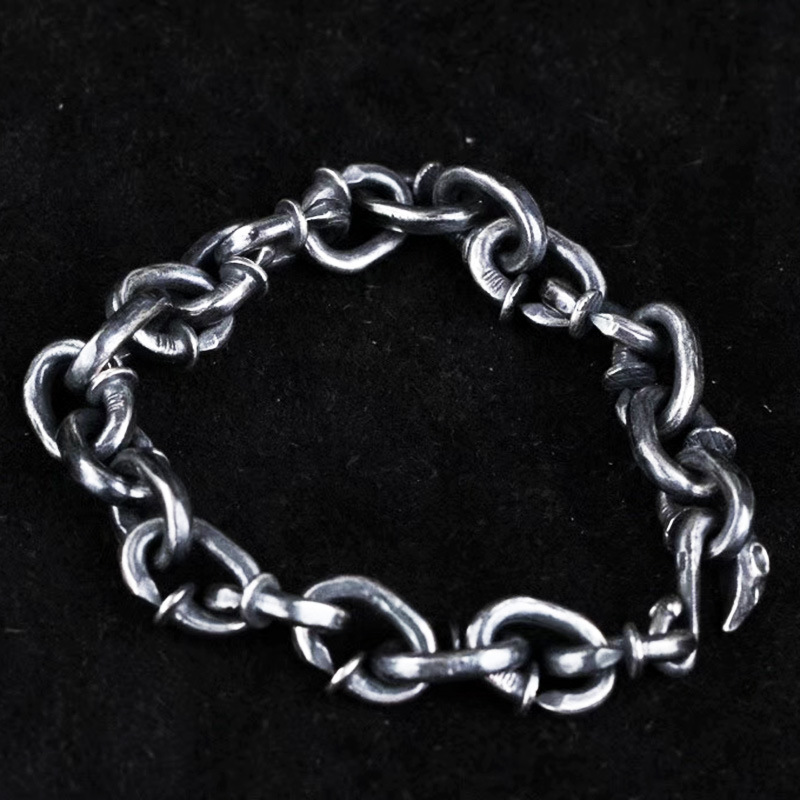 手工制作纯银男款乌鸦头扣手链钉子形做旧打造链条手链定制款