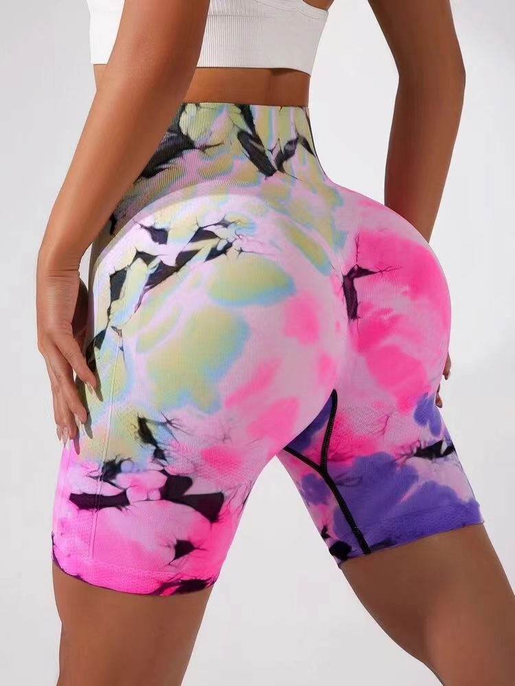 150 + New Color European and American Fitness Three Points Yoga Pants Outdoor Sports Peach Hip Raise High Waist Belly Contracting Tie-Dyed Shorts for Women