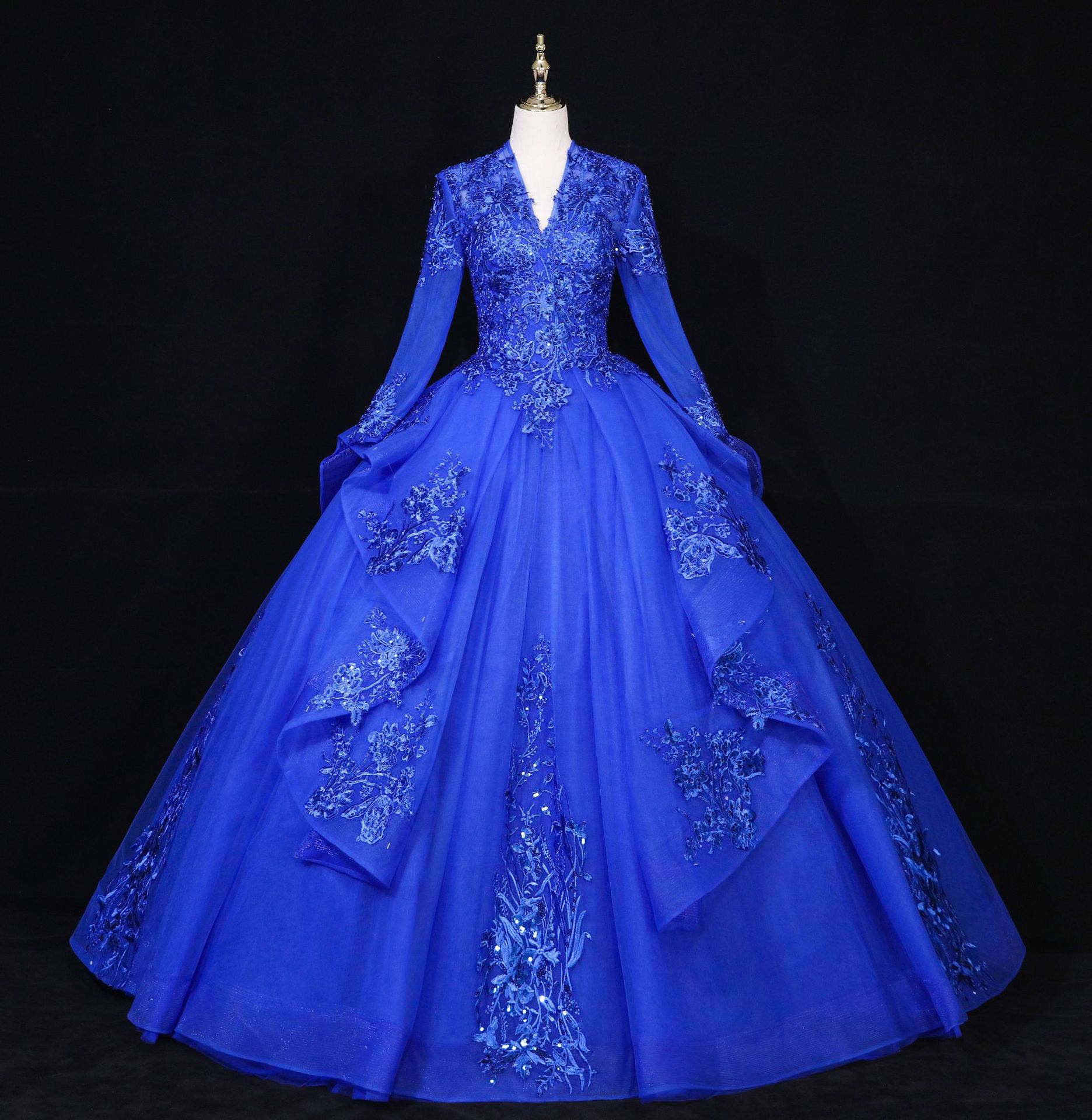 跨境婚纱礼服2022新娘结婚彩纱声乐独唱艺考主持演出服长袖蓬蓬裙