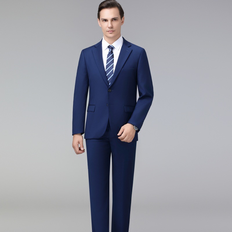 宝蓝色西服套装男免烫羊毛中年正装商务西装宴会结婚礼服男装外套