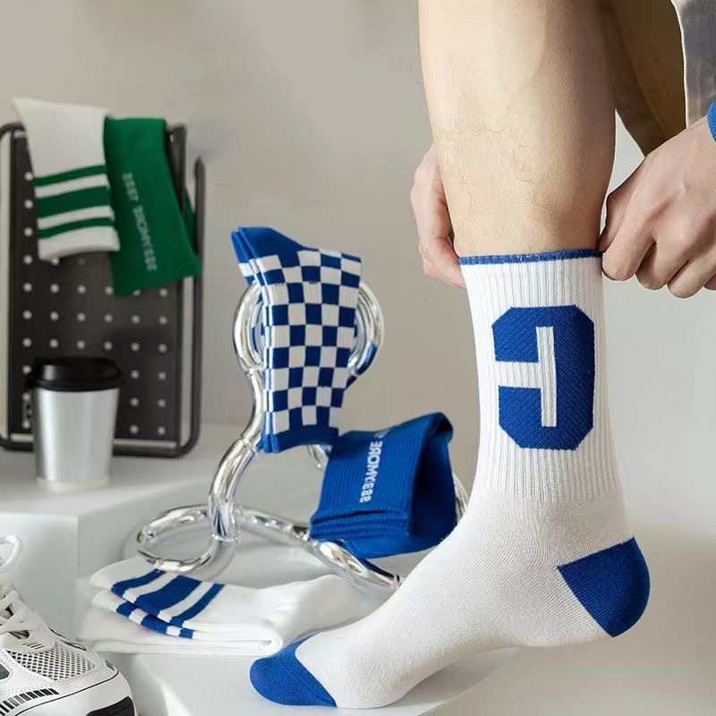 Cross-Border Hot Klein Blue Big C Foreign Trade Chessboard Grid Student Sports Socks Couple Stockings Men's Mid-Calf Socks