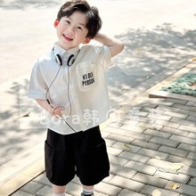 波拉bora韩国男女儿童衬衫夏装中小宝宝白色帅气短袖衬衣痞帅外套