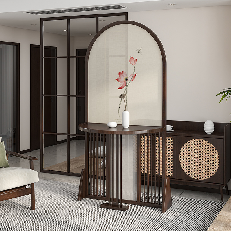 新中式白蜡木半圆实木玄关桌玄关台轻奢屏风隔断一体