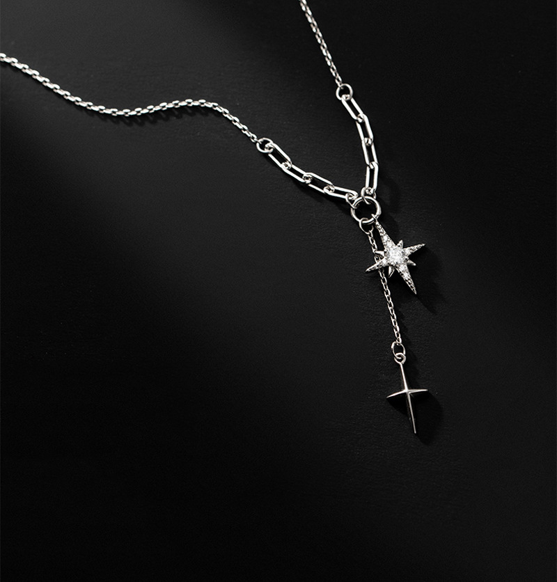 ins风轻奢项链女甜美网红拼接式十字架流苏镶钻星芒y字锁骨链新款