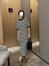 2024夏装新款韩版甜美气质短袖针织裙子女宽松圆领过膝条纹连衣裙