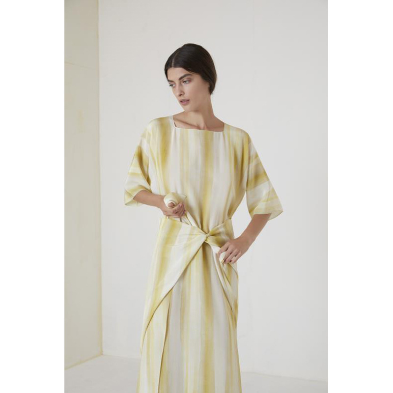 地中海系列~西班牙皇室cor渐变黄真丝连衣裙飘逸气质中长裙子