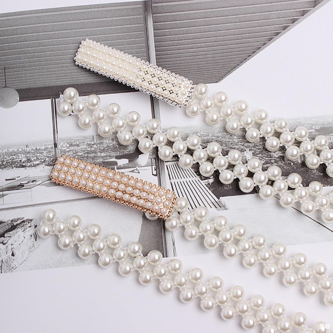 新款女士珍珠腰带长条甜美可爱连衣裙腰链松紧韩版潮流百搭女