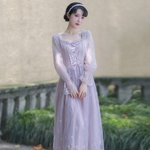 实拍宫廷风超仙紫色喇叭袖网纱刺绣连衣裙2024春季新款礼服长裙子