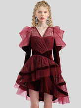 不规则丝绒礼服裙优雅气质轻熟风泡泡袖收腰红色欧根纱连衣裙