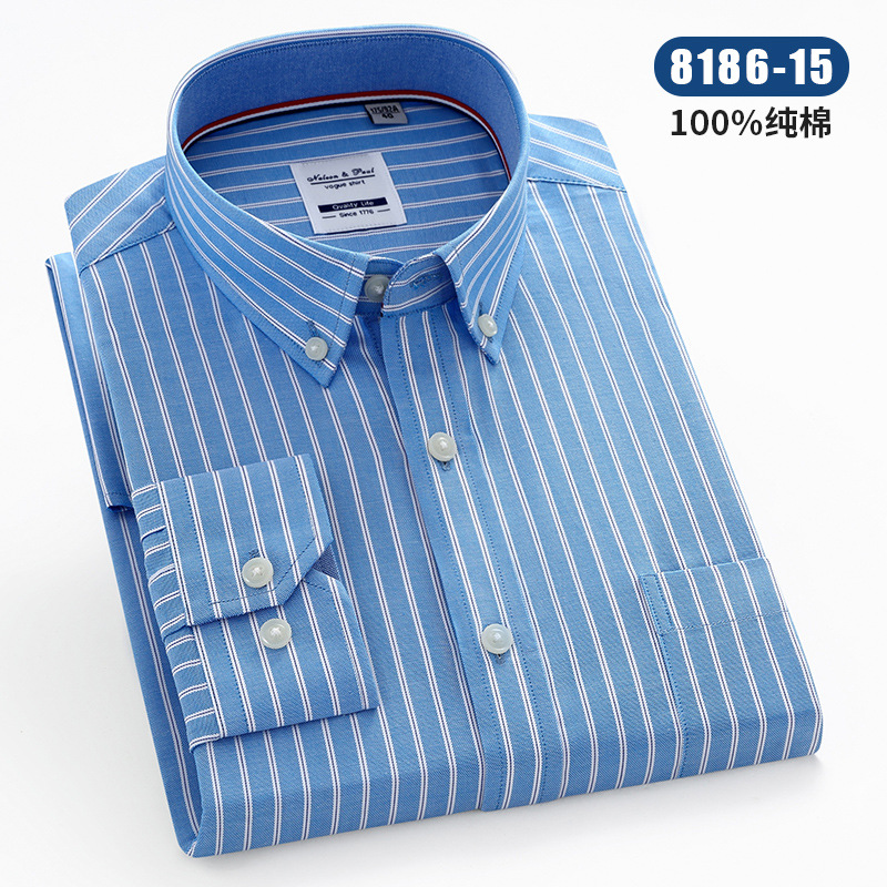 Cotton Oxford Woven Stripe Men's Long-Sleeved Shirt Casual Collar Buckle Shirt Suitable for Spring and Autumn Korean Style Factory in Stock Wholesale