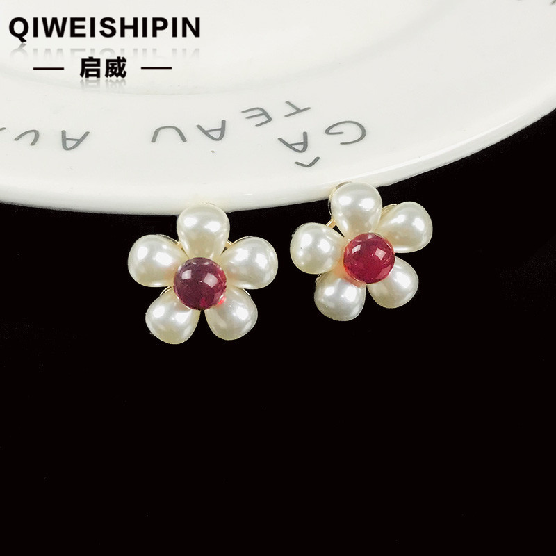 启威红色水滴珍珠五瓣花花心diy饰品新娘头饰儿童发饰 合金配件