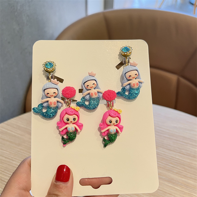 儿童耳环耳夹无耳洞女童可爱公主卡通耳饰美人鱼新款女孩耳坠耳钉