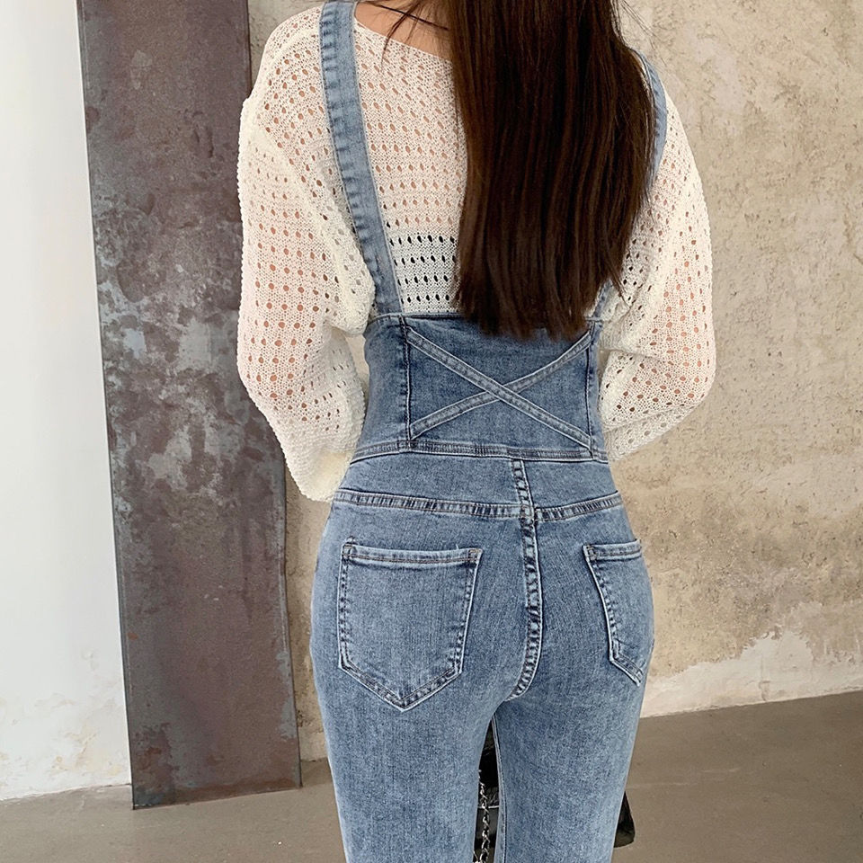 洋气减龄牛仔背带裤女春秋高腰显瘦小脚铅笔裤紧身弹力吊带连体裤