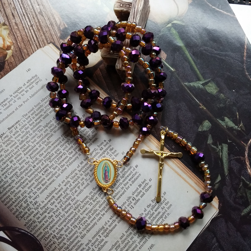 跨境珠链饰品简约紫色水晶十字架串珠项链礼拜天用品项链-阿里巴巴