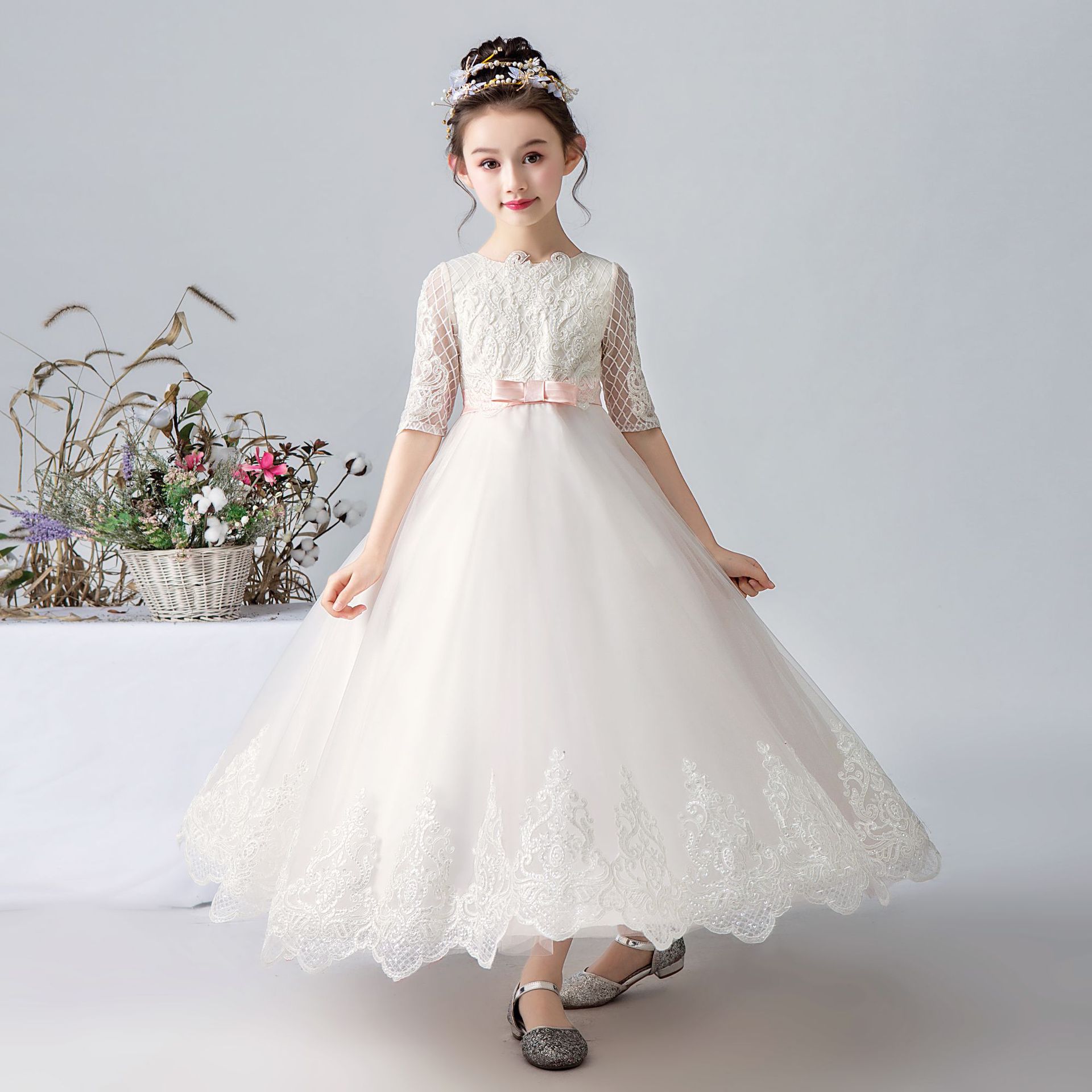 儿童礼服白色主持人公主裙花童钢琴演出服女童婚纱圣诞节蓬蓬纱裙