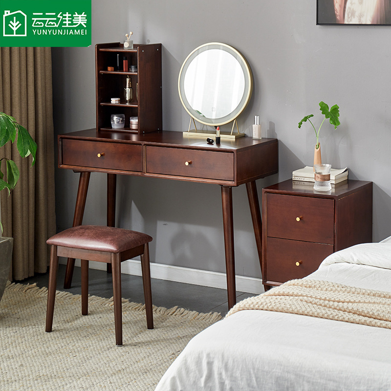 实木梳妆台北欧原木led镜化妆台简约卧室小户型床头柜化妆桌一体