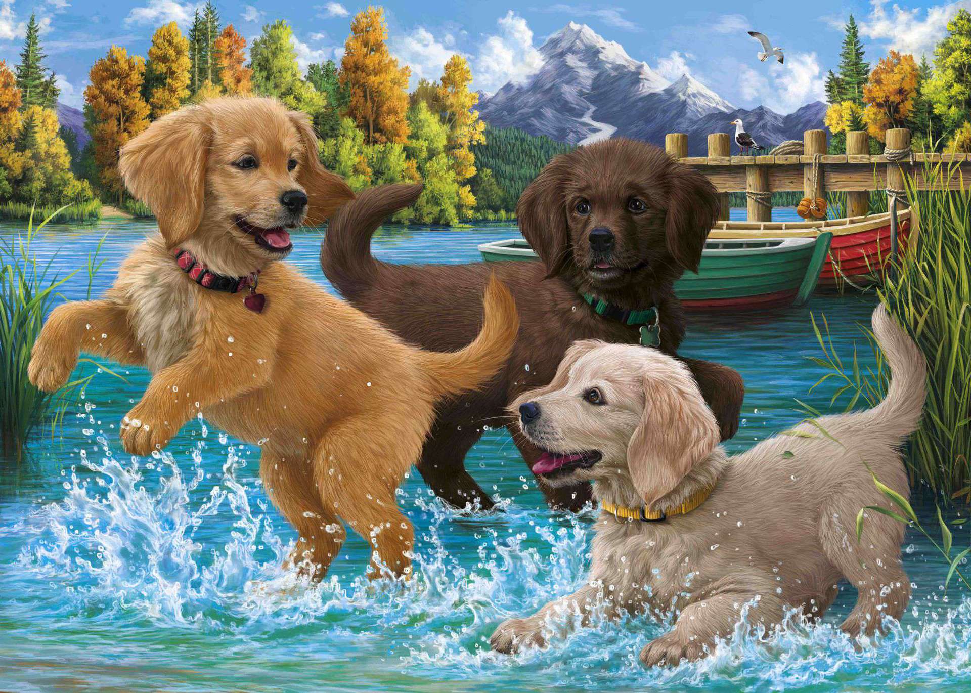 湖水里玩耍的三只小狗爱尔兰长毛猎犬山水风景钻石画