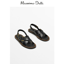 Massimo Dutti女鞋2024夏新款真皮交叉带平底拖鞋黑色罗马凉鞋女