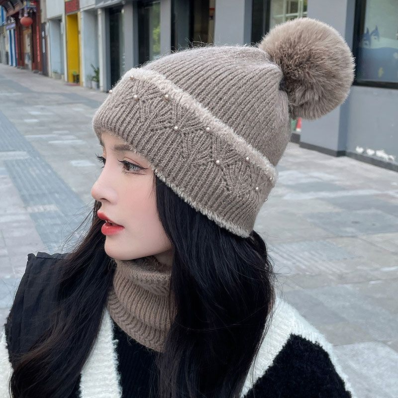 帽子女秋冬季毛线帽冷帽保暖护耳针织骑车女帽网红珍珠大毛球帽子