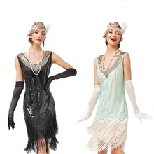 欧美复古1920S复古V领流苏裙盖茨比服装拉丁舞舞会亮片钉珠连衣裙