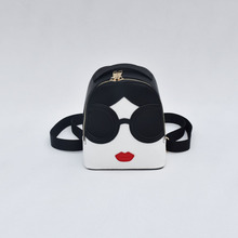帆布拼接皮设计美人脸包包女都市摩登时髦双肩背包 可爱小包包