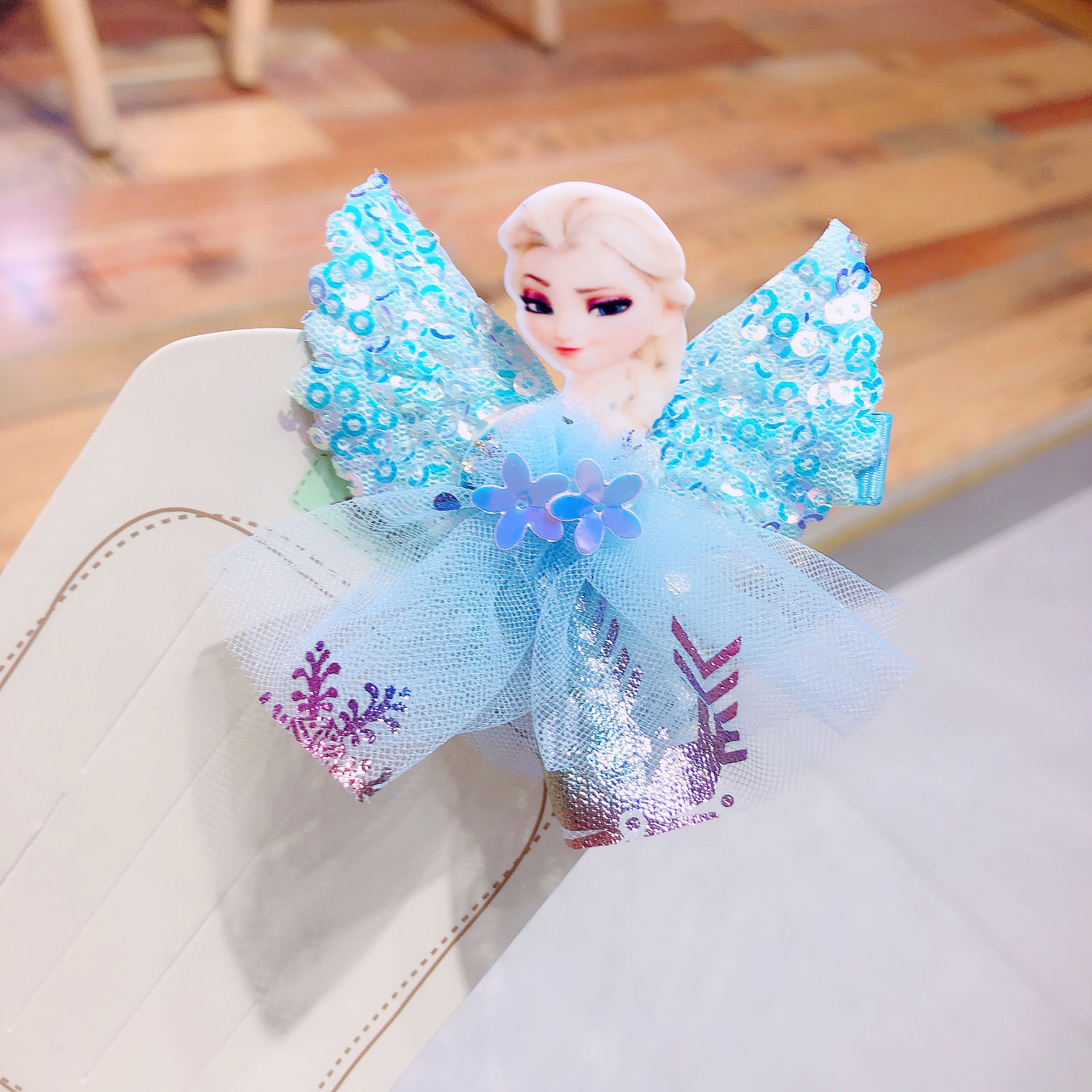 儿童冰雪奇缘纱纱发饰 艾莎白雪翅膀蕾丝亮片公主发夹 超仙萌压夹