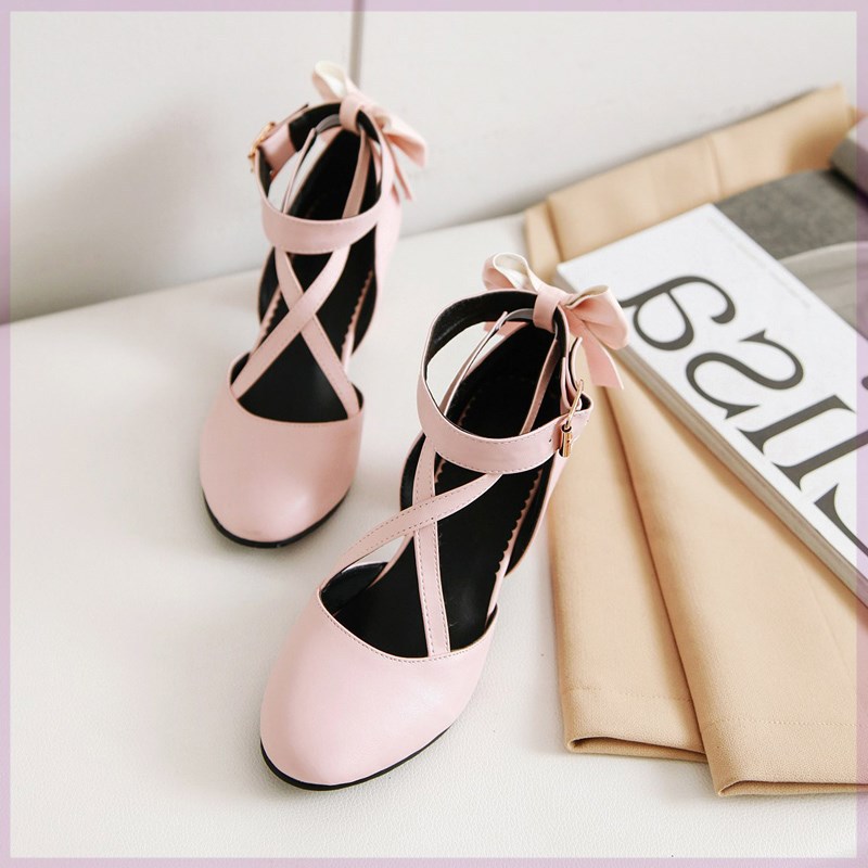 日系洛丽塔鞋子20夏季新款女仙女粗跟凉鞋蝴蝶结包头绑带中高跟鞋