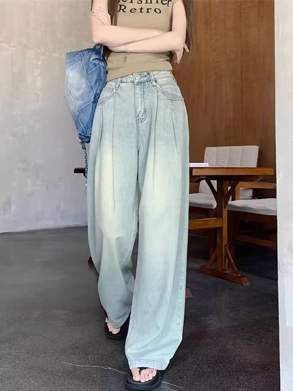 American Couple Jeans Women's Loose Wide Leg Drooping Straight Pants Trousers 2023 New Mop Trousers Women's Fashion