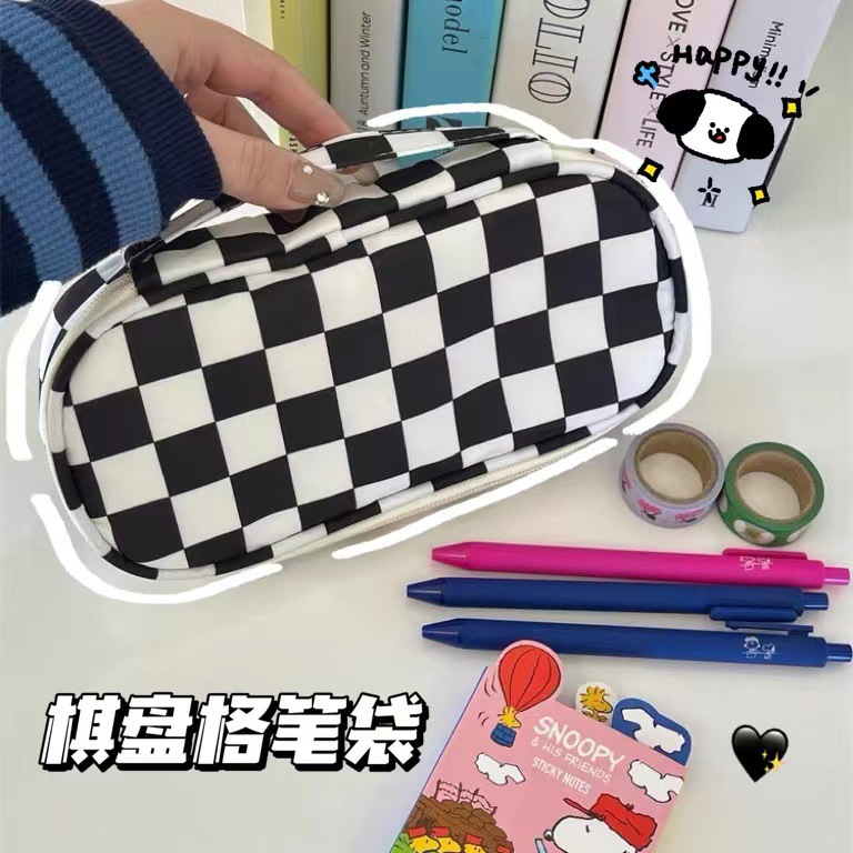 INS Style Simple Black and White Plaid Pencil Case Large Capacity Student Niche Couple Buggy Bag Stationery Box Pencil Box