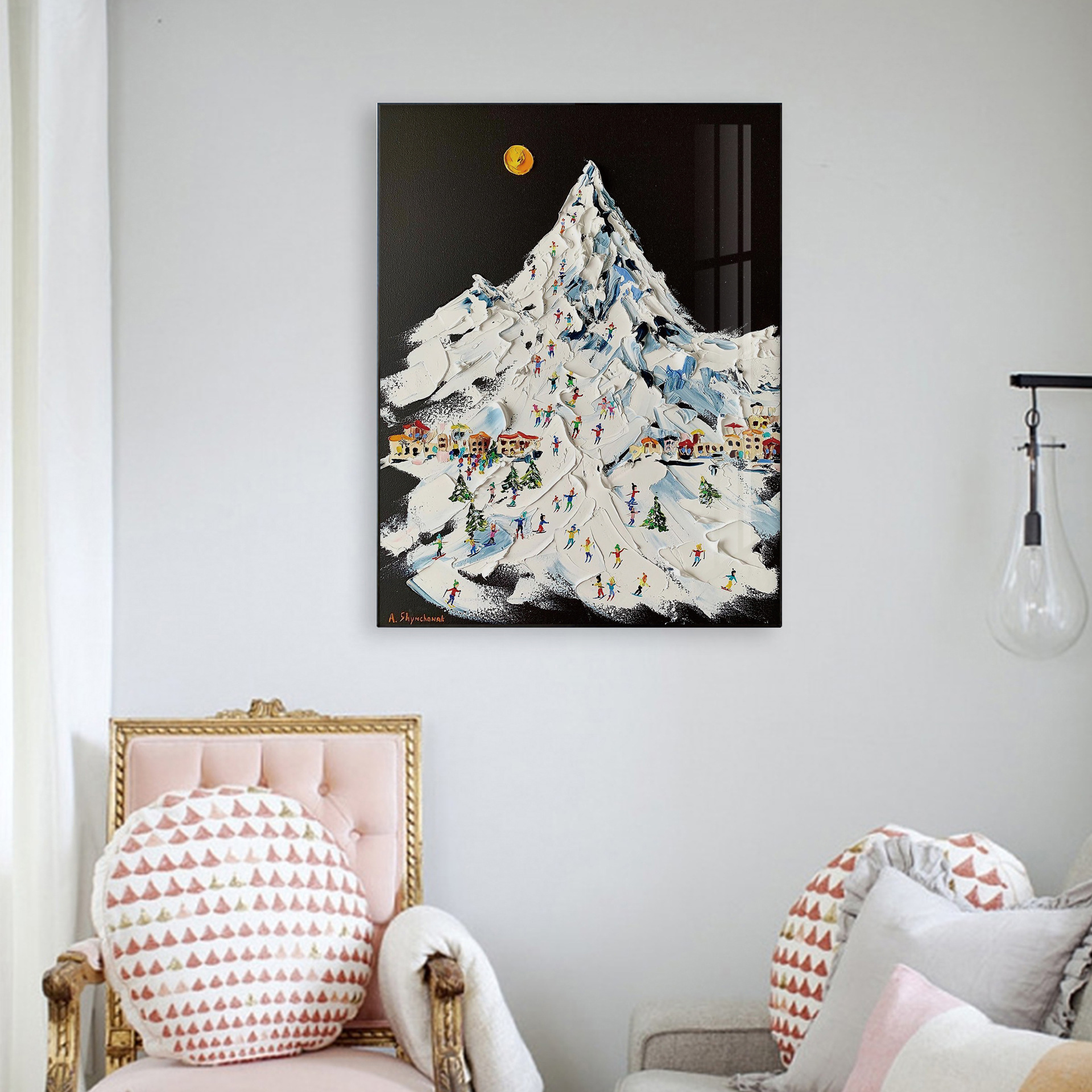 北欧水彩装饰画雪山滑雪创意客厅装饰画卧室客厅书房挂画冬天晴天