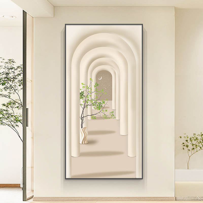 玄关装饰画奶油风走廊过道挂画延伸空间现代简约入户客厅竖版壁画