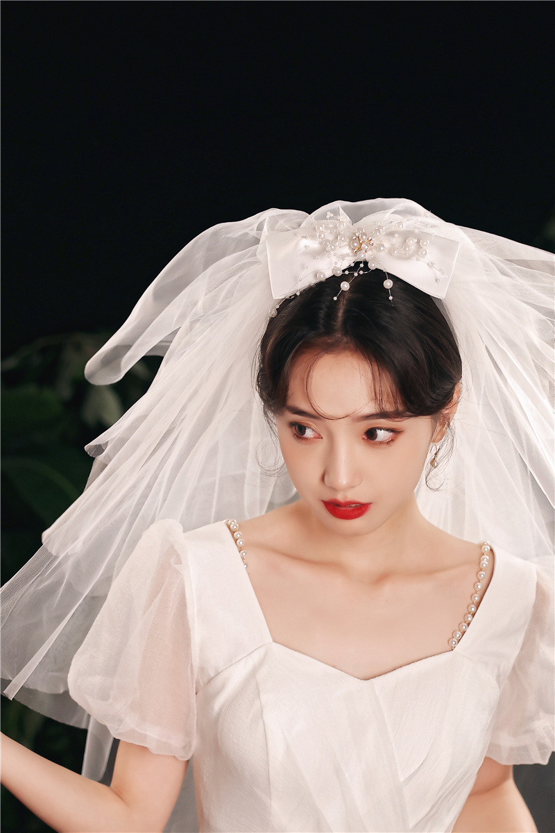 婚纱礼服拍照头纱 摄影旅拍小头纱 珍珠超短花童头饰婚庆