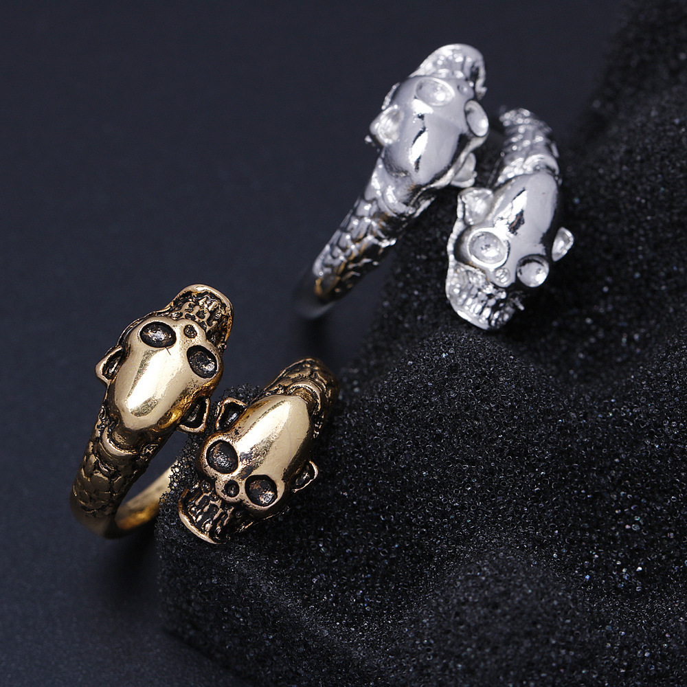 复古风骷颅头指环 朋克首饰 哥特式双头骷髅头夸张开口戒指