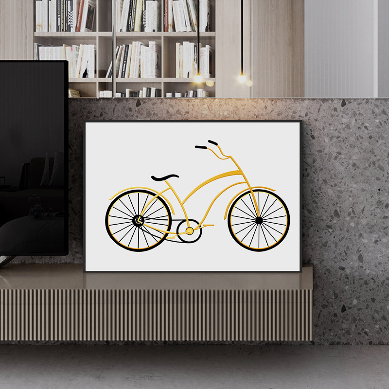 北欧现代简约黑白线条金色自行车客厅组合横幅装饰画图片画芯