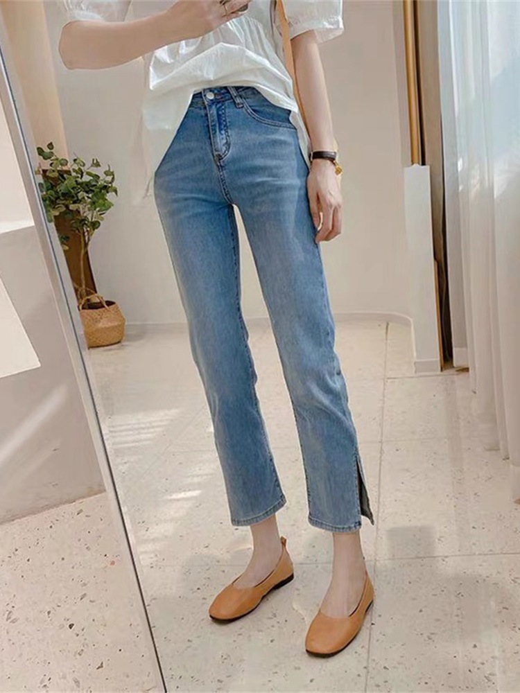 2022年新款直筒修身小脚开叉牛仔裤子女夏季设计感小众九分烟管裤