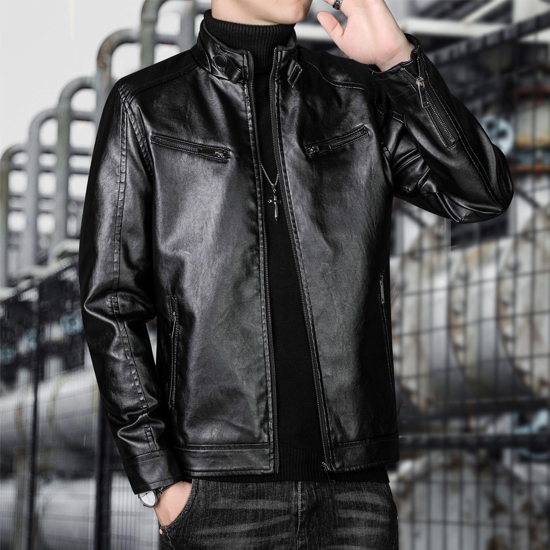 跨境外套男装春秋季潮流衣服仿真皮软皮衣秋季薄款机车工装夹克男