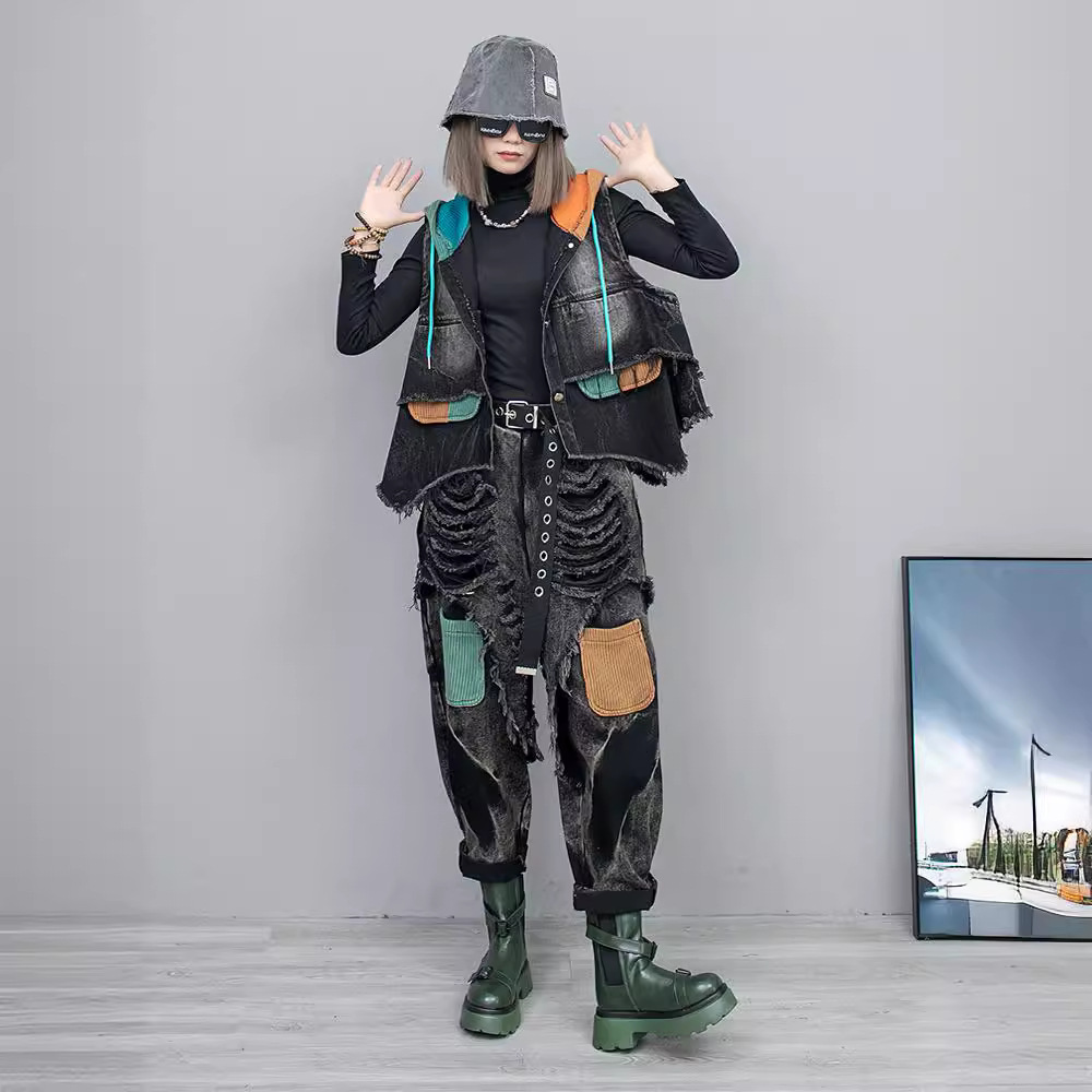 个性时尚套装女秋冬款拼色做旧连帽马甲 破洞哈伦裤宽松两件套潮
