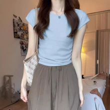 韩系蓝色正肩短袖t恤女夏冰丝针织衫体恤设计感小众修身短款上衣
