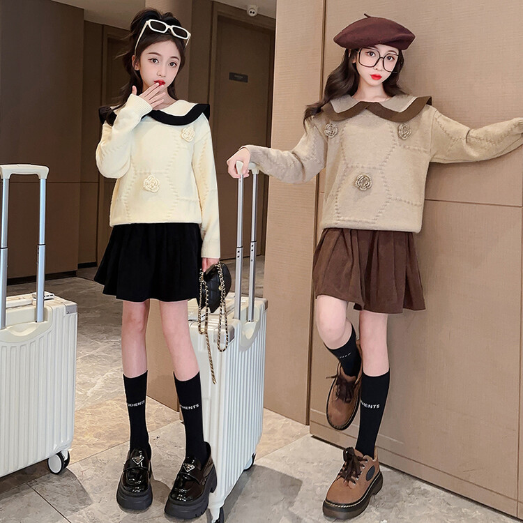 外贸跨境代发女童毛衣套装裙儿童装针织两件套日系秋冬可爱衣服女