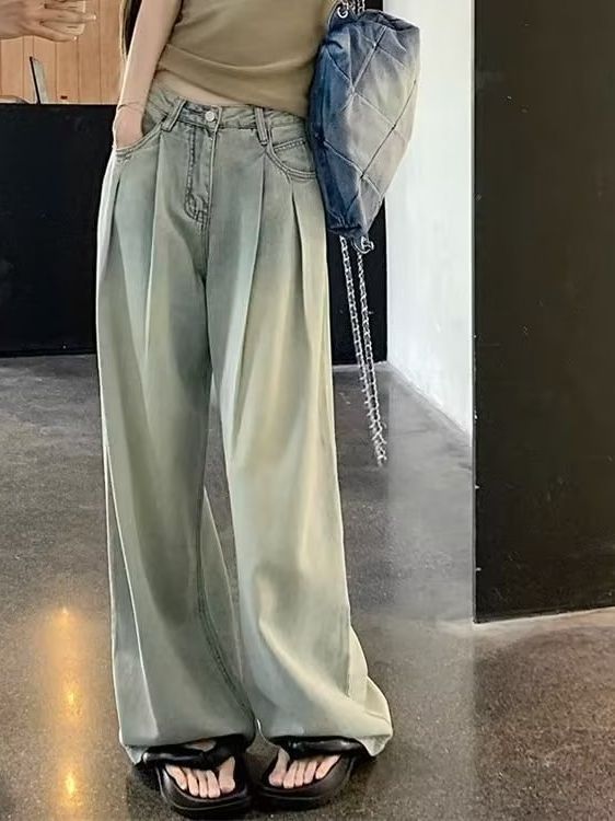 American Couple Jeans Women's Loose Wide Leg Drooping Straight Pants Trousers 2023 New Mop Trousers Women's Fashion