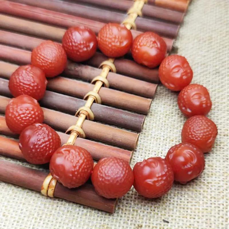 四川保山南红色玛瑙手工佛头手链云南川红佛珠柿子红男女款手串