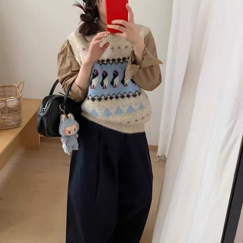 圆爱心刺绣针织马甲女2025春秋新韩系慵懒风针织衫坎肩无袖马甲
