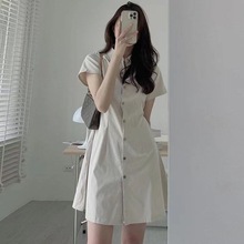 韩国chic夏季简约气质翻领单排扣收腰显瘦短袖衬衫式小个子连衣裙