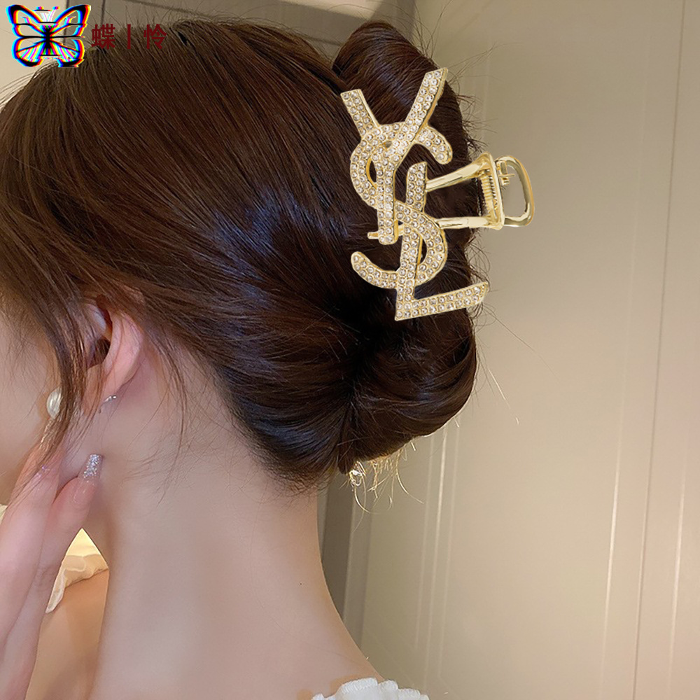 高定精品杨树林满钻发夹女名媛风少妇创意字母奢华镶钻优雅鲨鱼夹