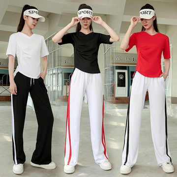 广场舞套装宽松运动服短袖长裤跳舞衣服撞色长裤夏季女新款舞蹈服