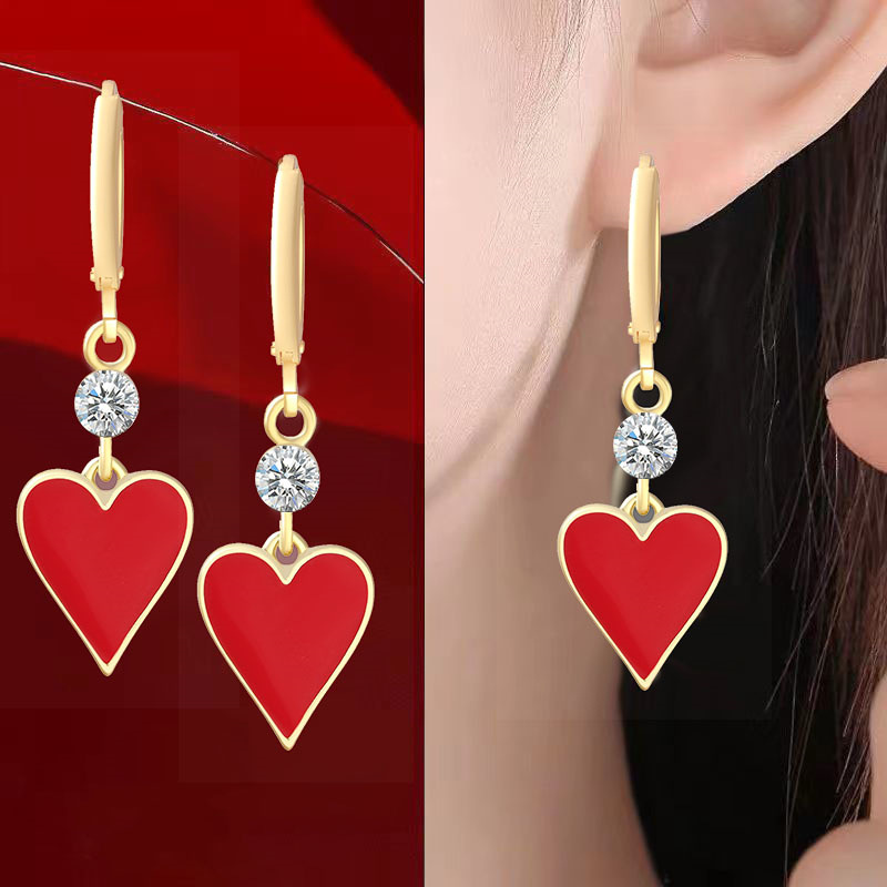 新款秋冬鸿运爱心耳扣气质高级优雅网红直播爆款秋冬红色耳环耳饰