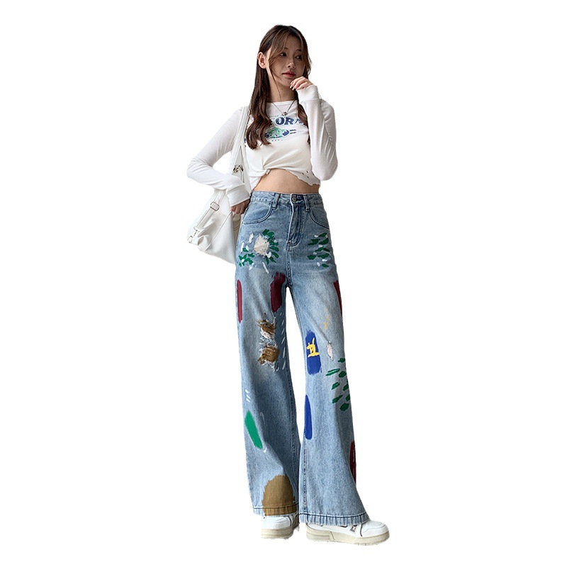 2023 Autumn Color Blooming Graffiti Spray Paint Ripped Jeans Women's High Waist Slimming and Straight Wide Leg Mop Pants