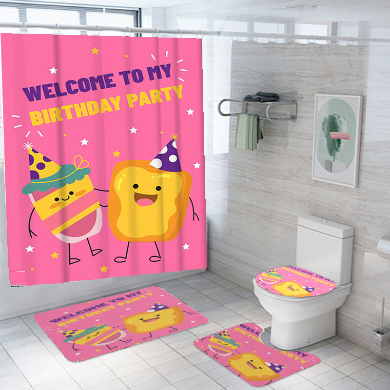 Factory Wholesale Polyester Digital Printing Shower Curtain Floor Mat Four-Piece Toilet Three-Piece Children Cartoon Dinosaur