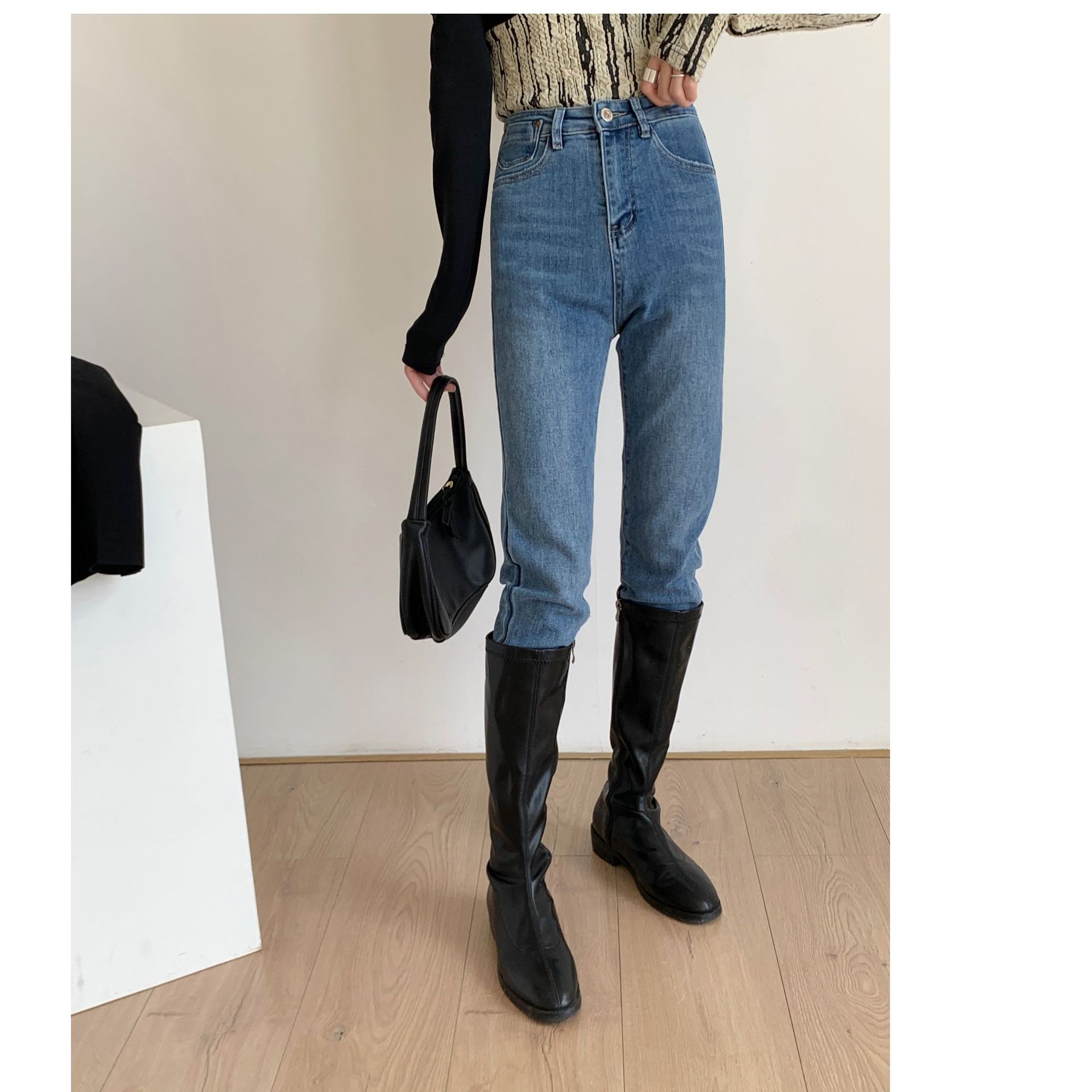 简约修身弹力小脚裤靴裤软牛仔女式弹力牛仔裤长裤